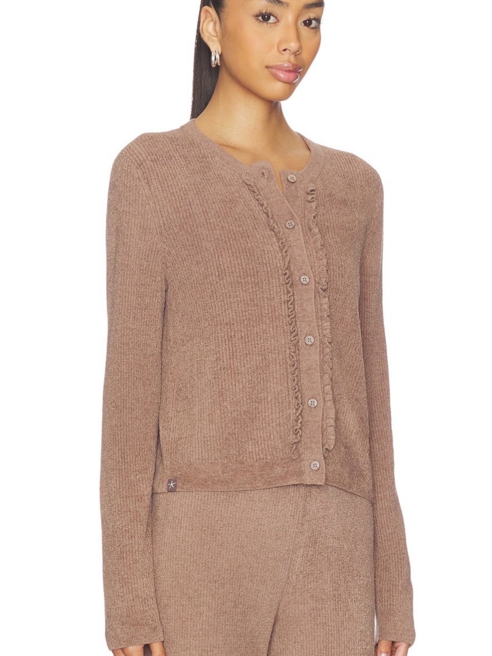 Barefoot Dreams Women’s sable brown Ruffle-Trim Cardigan Sweater - Picture 5 of 5